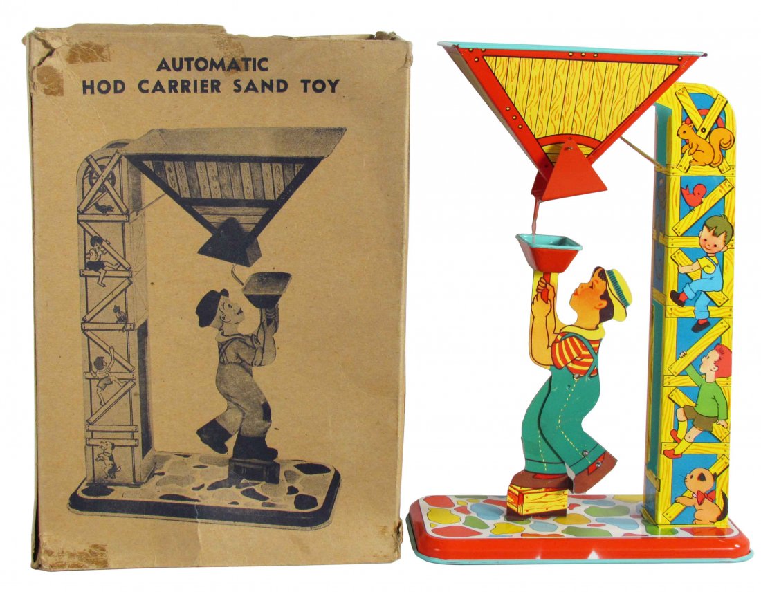 J. Chein No. 69 Hod Carrier Tin Litho Toy: J. Chein No. 69 Automatic Hod Carrier Tin Litho Sand Toy in original box, ca. 1950s. Toy in near mint condition. Box has torn lid and sides. 10 1/2 inches tall.