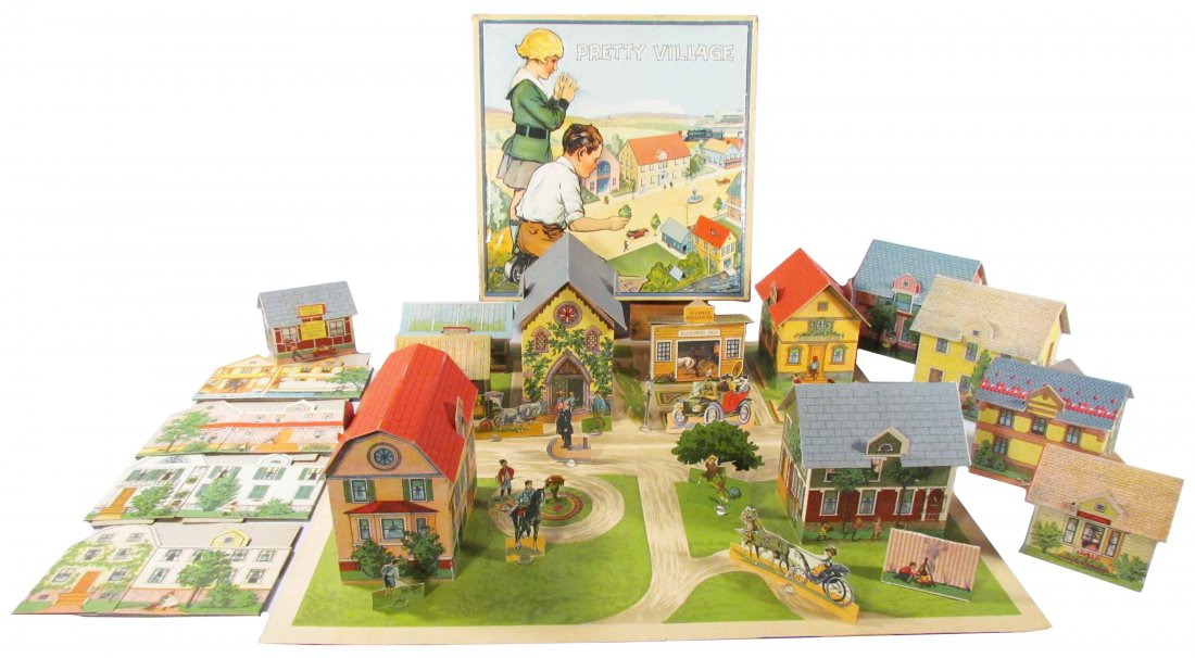 Milton Bradley Co. Pretty Village: Milton Bradley Co. Pretty Village No. 4671. Die Cut Cardboard Childs Toy. 16 Die-cut buildings and miscellaneous accessories in original box. Like new condition. Box measures 14 1/2 inches square X 1 