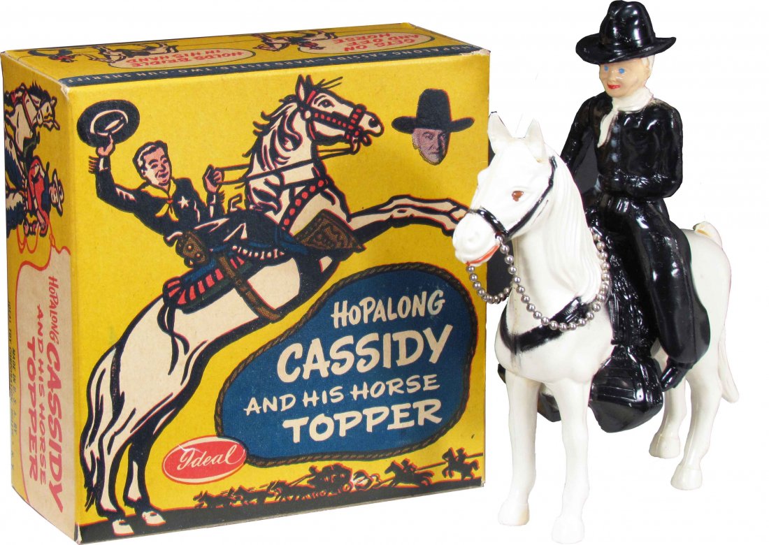 Ideal Toy Co. Hopalong Cassidy Tin Toy: Ideal Toy Co. Hopalong Cassidy and His Horse Topper Childs Toy, in Original Box. Both in near mint condition. 5 X 2 1/4 X 5 inches.