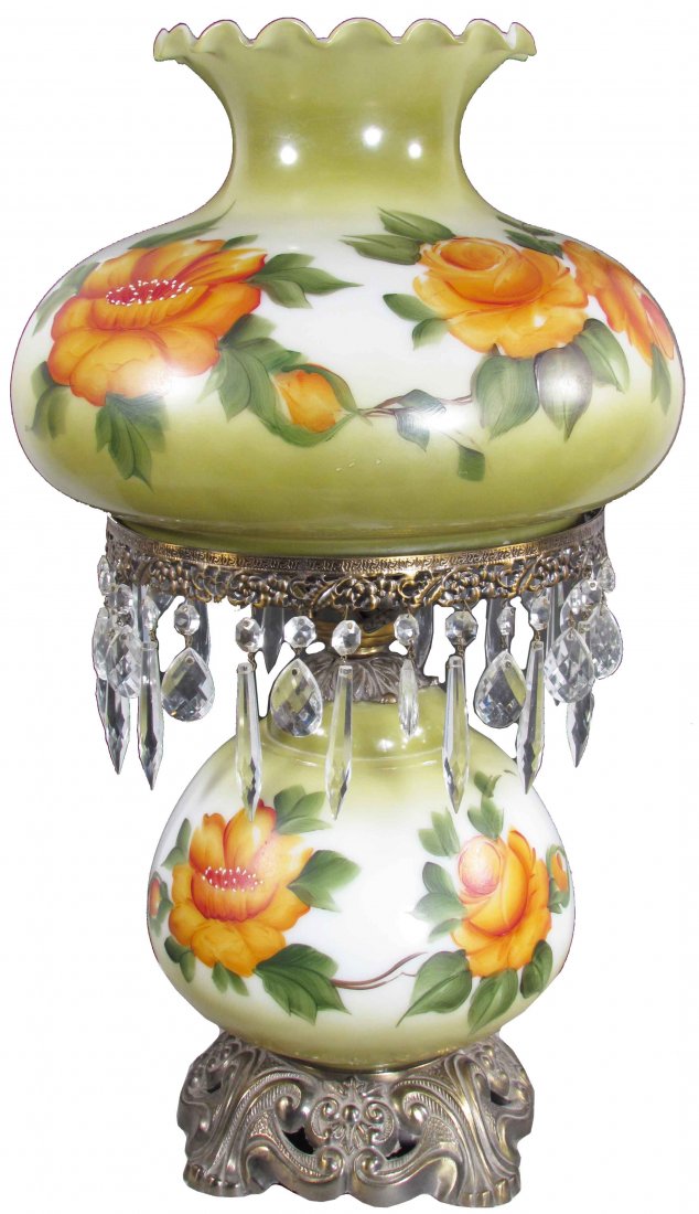 Massive Antique Fenton Table Lamp: Massive Antique Fenton Burmese Hand Painted Table Lamp. Green with yellow rose motif. Excellent working condition. 24 inches tall without chimney.