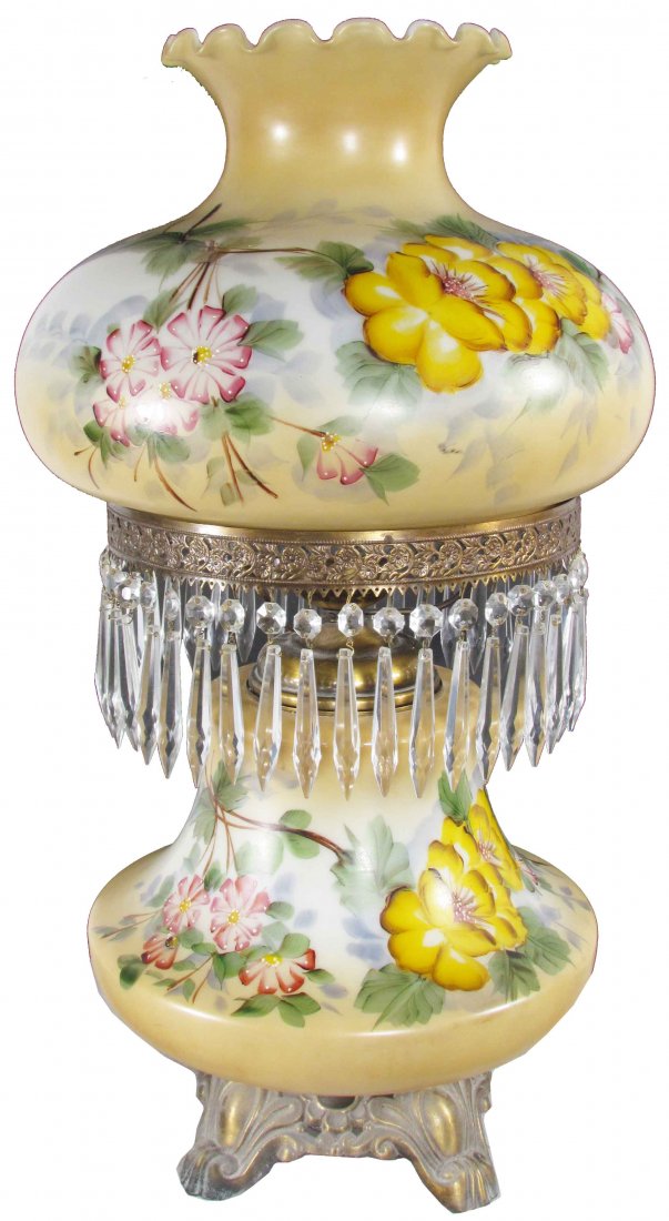 Massive Antique Fenton Table Lamp: Massive Antique Fenton Burmese Hand Painted Table Lamp. Yellow and pink floral motif. Excellent working condition. 24 inches tall without chimney.