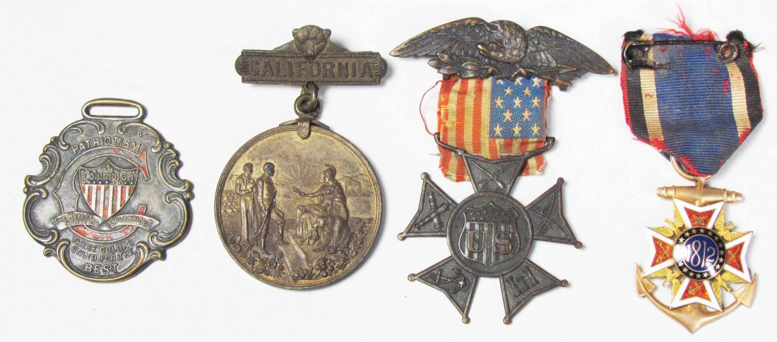 Four Miscellaneous Medals: Four Misc. Medals. United States Military, 1812 Commemorative for Charles Henry Whiple, Navy. Spanish American War Service Medal and Keeley Stove Co. "Patriotism" Colombia, Pennsylvania watch fob.