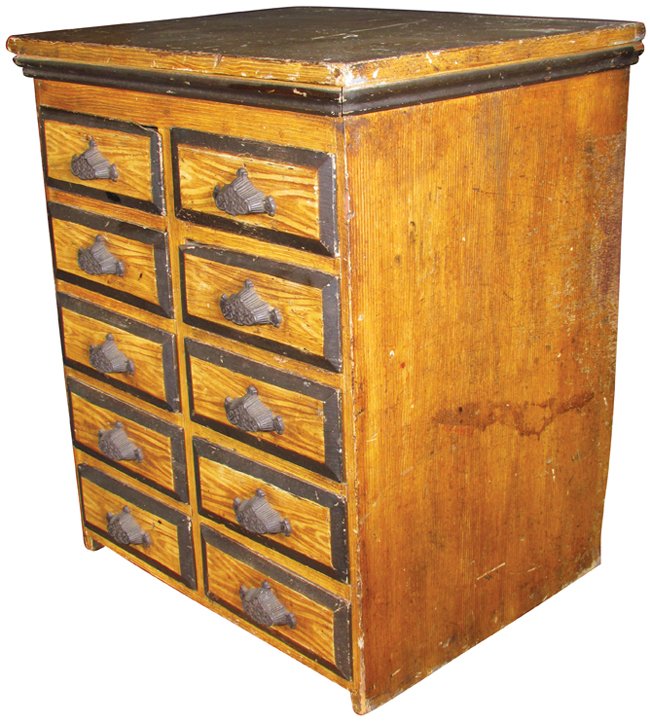 Ten Drawer Wood Screw Cabinet: Ten Drawer Wood Screw Cabinet. Original iron hardware. 24 1/2 X 29 X 20 inches.