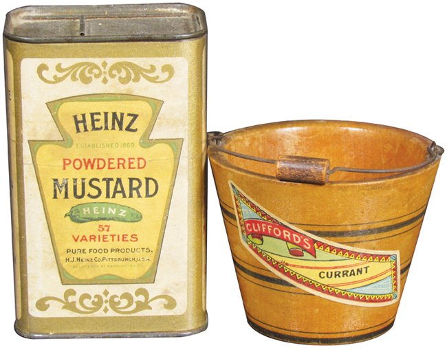Heinz Mustard Spice Tin & Mini Clifford's Pail: Heinz Powdered Mustard Spice Tin and Miniature Clifford's Preserve Pail. Paper label on tin has age discoloration otherwise overall very good condition.