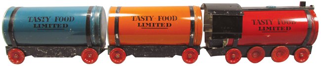 Tasty Food Toy "Coffee Can" Train & Sign: Tasty Food Limited Toy "Coffee Can" Train and Cardboard Sign. Tasty Food Products, Brownwood, TX. Comes with engine and four cars. Some light scratches otherwise overall good condition. Engine measure