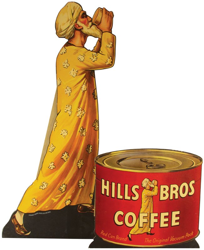 Hills Bros. Coffee Die Cut Cardboard Store Display: Hills Bros. Coffee Die Cut Cardboard Easel Back Store Display. Copyright 1949. Near mint condition. 16 X 21 inches.