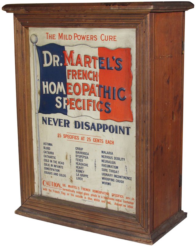 Dr. Martell's Homeopathic Specifics Cabinet: Dr. Martell's French Homeopathic Specifics Cabinet. "The Mild Powers Cure". Embossed tin front with glass back door. Stain on top, litho has staining, rubs and scratches. 17 1/2 X 23 X 8 1/2 inches.