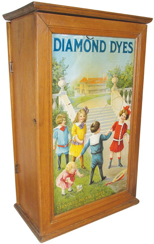 Diamond Dyes Tin Front Store Display Cabinet: Diamond Dyes Tin Front Store Display Cabinet. "The Mansion". Creases, dents and minor paint loss at top otherwise good condition. 15 X 25 X 8 inches.