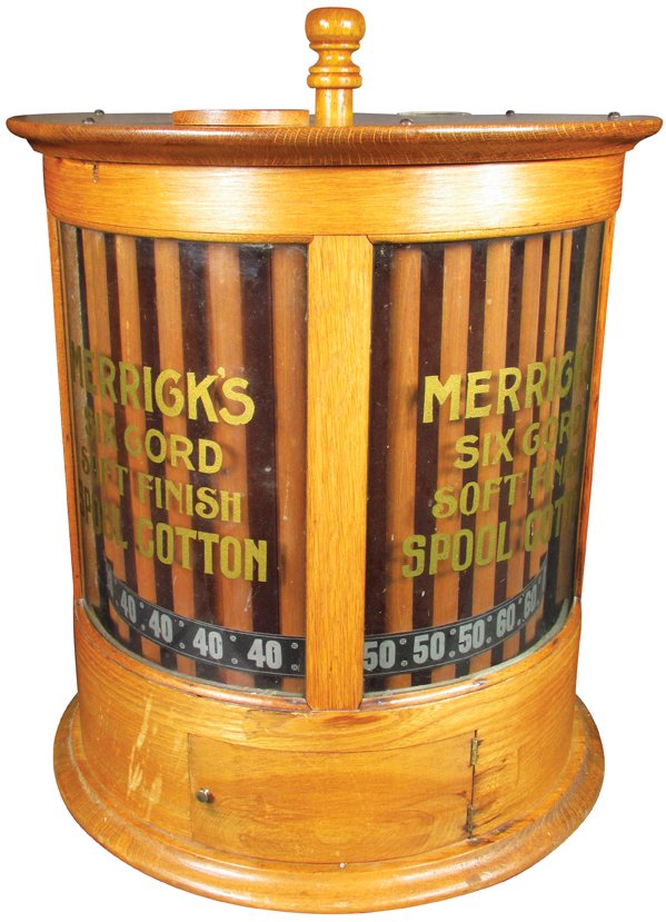 Merrick's Oak Spool Cotton Round Cabinet: Merrick's Light Oak Spool Cotton Round Cabinet. Patent tag 1897. Very good original condition. 17 3/4 inch diameter X 20 inches tall.