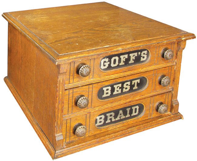 Goff's Three Drawer Oak Friction Tape Cabinet: Goff's Three Drawer Oak Friction Tape Cabinet. Excellent original condition. 18 X 11 X 18 1/2 inches.