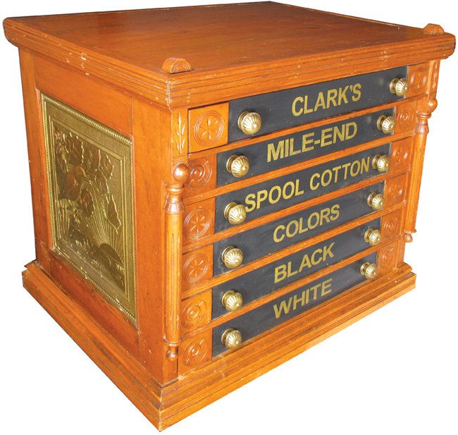 Clarks Mile-End Six Drawer Spool Cotton Cabinet: Clarks Mile-End Six Drawer Spool Cotton Cabinet. Cherry wood with original hardware, drawers, composition sides and back. Excellent original condition. 26 1/4 X 22 1/2 X 19 inches.