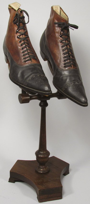 Antique Men's Shoes by Phelps: Antique Men's Shoes by Phelps. Dodge & Palmer Co. Chicago size 6 1/2 E on wood store display. Very good overall condition. 21 inches tall overall.