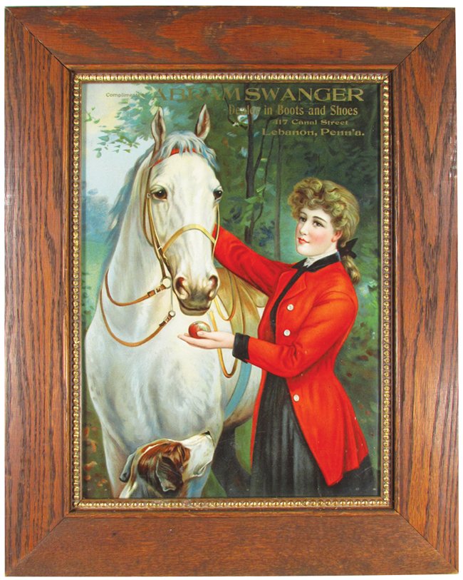 Abramswanger Boots and Shoes Paper Sign: Abramswanger Boots and Shoes, Lebanon, Penn'a Paper Sign. Depicting pretty girl and white horse. Minor creases and tear at repaired tear at 11:00 otherwise excellent condition. Framed under glass. 11