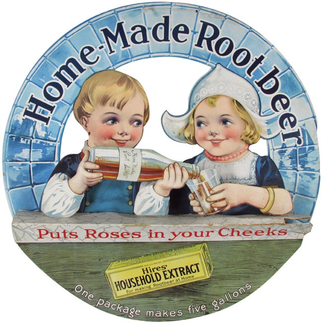 Rare "Home Made Root Beer" Cardboard Sign: Very Rare "Home Made Root Beer" Die Cut Cardboard Sign, circa 1900. Depicting Dutch boy and girl pouring Hires from bottle to glass. Three dimensional piece with box of Hires Household Extract shown. 