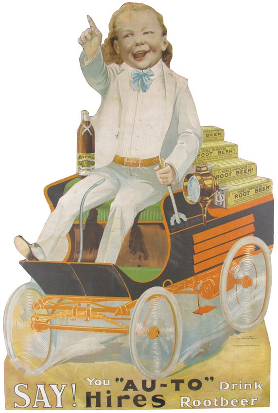Rare Drink Hires Root Beer Die Cut Cardboard Sign: Rare Say! You "Au-To" Drink Hires Root Beer Die Cut Cardboard Sign. Depicting Hires Boy with bow tie sitting on an early motorized vehicle delivering Hires Improved Root Beer concentrate. Copyright 19