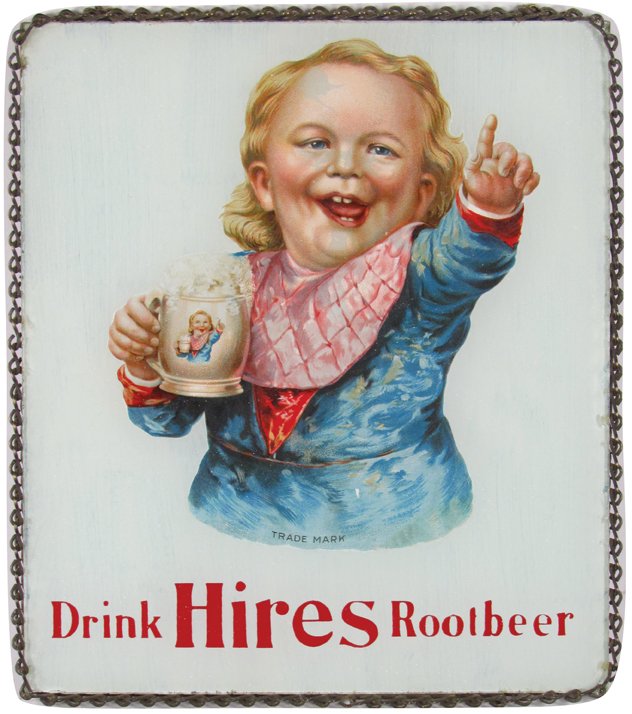 Drink Hires Root beer Glass Chain Hanging Sign: Drink Hires Root beer Glass Chain Hanging Sign. Mansfield & Co. Makers NY. Fog between glass and decal causing discoloration in image. 7 1/4 X 8 1/2 inches.