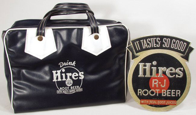 Hires R-J Root Beer Cardboard Sign and Bag: Hires R-J Root Beer Embossed Cardboard, fair condition, 7 3/4 X 9 inches. And a Hires Vinyl Carry Bag for tailgating, very good condition.