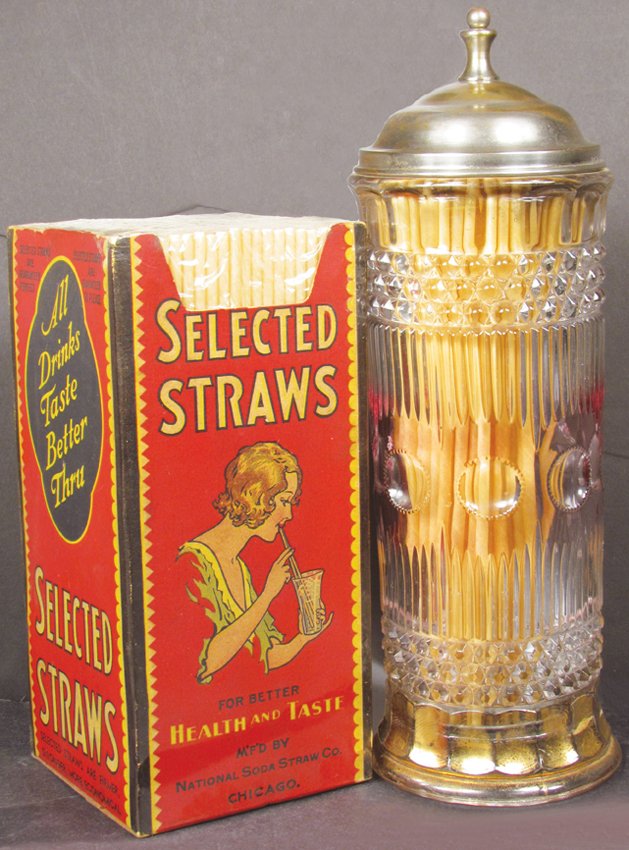 Straw Box & Pressed Glass Straw Dispenser: Selected Straws Box and Pressed Glass Straw Dispenser. Aluminum lid and elevator. Gold wash at top and bottom edges. No chips or cracks. 12 inches tall.