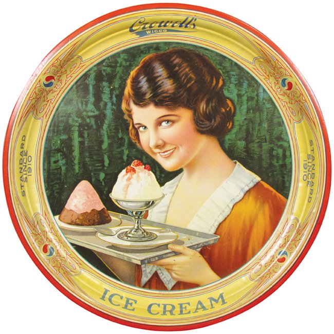 Crowell's Wicco Ice Cream Tin Serving Tray: Crowell's Wicco Ice Cream Tin Serving Tray. K & S Co. NY. Girl with ice cream on tray. Light scratches otherwise very good condition. 13 1/2 inch diameter.