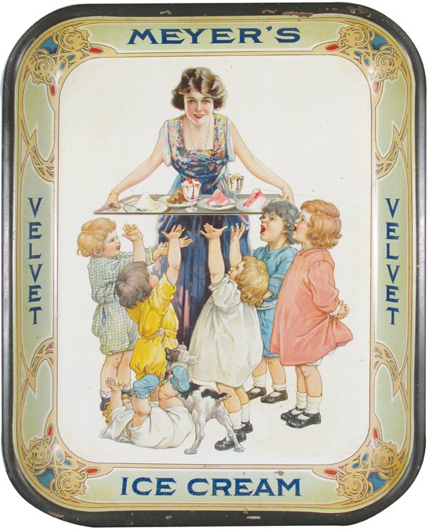 Meyer's Velvet Ice Cream Tin Serving Tray: Meyer's Velvet Ice Cream Tin Serving Tray. K & S Co. NY. Edge wear and light scratches otherwise very good condition. 10 1/2 X 13 1/4 inches.