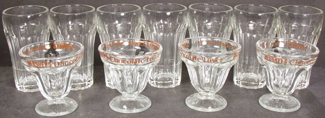 Soda Fountain Glass Items: Soda Fountain Glass Items. (4) Hershey Lovers Sundae Cups and (7) Soda glasses. No chips or cracks. Glass measure 4 3/8 inches tall.