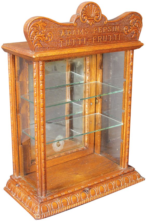 Adams Pepsin Tutti-Frutti Oak Gum Case: Adams Pepsin Tutti-Frutti Oak Gum Case. Two glass shelves. Silver on door wearing otherwise excellent condition. 12 1/4 X 17 1/2 X 6 1/2 inches.