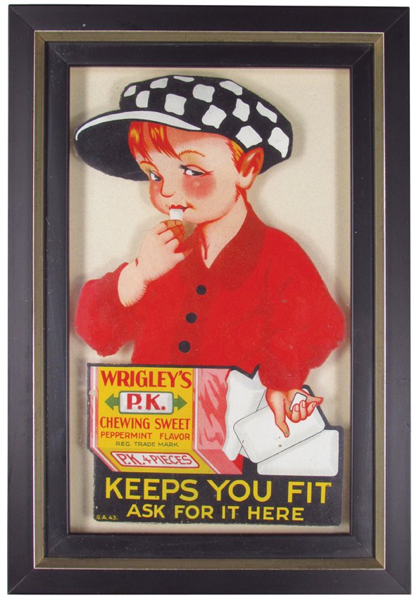 Wrigley's P.K. Chewing Gum Die Cut Decal: Wrigley's P.K. Chewing Gum Die Cut Decal. Affixed to glass in frame. Some slight paint loss otherwise excellent condition. 10 1/2 X 15 1/4 inches overall.