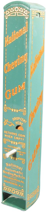 National Chewing Gum Coin Operated Dispenser: National Chewing Gum Coin Operated Dispenser. National Automatic Vending Mach. Co. Philadelphia, PA. Last patent date 1917. Near mint condition. 2 1/2 X 17 X 2 1/4 inches.