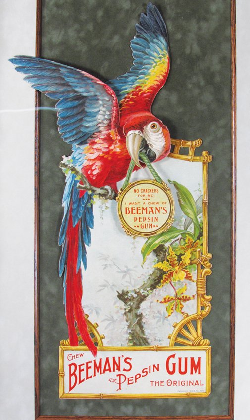 Beaman's Gum 3-D Die Cut Cardboard Sign: Beaman's Gum 3-D Die Cut Embossed Cardboard Sign. Outstanding color and graphics. In beautiful custom frame. Tiny piece bottom right corner missing otherwise near mint condition. 11 X 20 1/2 inches im