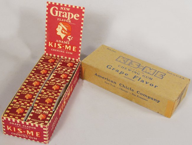 Kiss-Me Grape Gum Store Display: Kiss-Me Grape Gum Store Display. Comes with product in original box. Near mint condition. 2 1/2 X 5 1/8 X 6 3/4 inches.