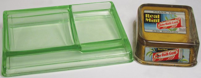 Vaseline Glass Gum Tray & Baby Ruth Change Tray: Vaseline Glass Gum Tray and Baby Ruth Gum Glass Change Tray. Paint flaking on change tray otherwise overall very good condition. Large tray measures 9 /14 X 1 3/4 X 6 inches.