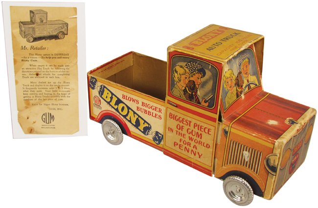 Blony Bubble Gum Cardboard Truck Adv. Display: Blony Bubble Gum Cardboard Truck Advertising Display. Comes with retailer instructions. Some edge wear and discoloration otherwise fair to good condition. 13 1/2 X 8 X 5 inches.