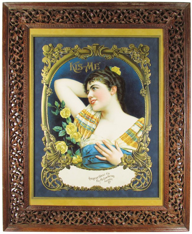 Kiss Me Gum Embossed Die Cut Cardboard Sign: Kiss Me Gum Embossed Die Cut Cardboard Sign. Near mint condition, in vintage carved frame. 14 1/2 X 19 1/2 inches image only.