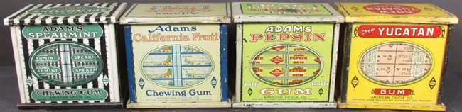 Four American Chicle Co. Gum Display Tins: Four American Chicle Co. Gum Display Tins. Adams Spearmint, California Fruit and Tutti-Frutti and Yucatan. Excellent to fair condition. 6 3/4 X 6 X 4 3/4 inches.