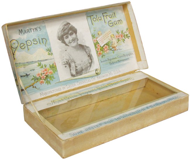 Martyn's Pepsin Tolu Fruit Gum Store Display Box: Martyn's Pepsin Tolu Fruit Gum Store Display Box. Original glass interior lid, beautiful color and graphics. Some staining and edge wear otherwise good condition. 8 1/2 X 1 X 4 1/2 inches.