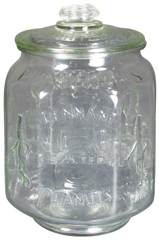 Planter's Pennant 5 Cent Peanut Store Jar: Planter's Pennant 5 Cent Peanut Embossed Store Jar. Tiny chip in lip and a couple of chips in lid otherwise very good condition. 8 inches diameter X 12 1/2 inches tall.
