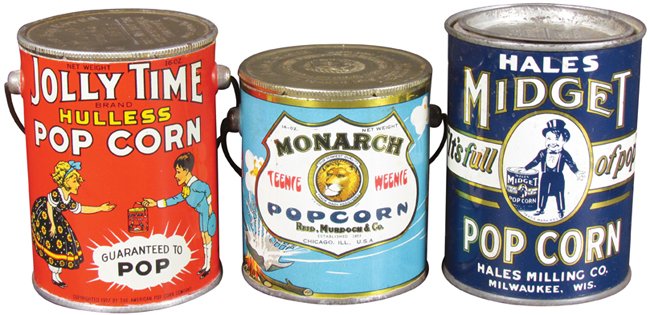 Three Pop Corn Tins: Three Pop Corn Tins. Monarch "Teenie Weenie" 14 oz., near mint. Jolly Time and Hale's Midget 16 oz. tins both in excellent condition.