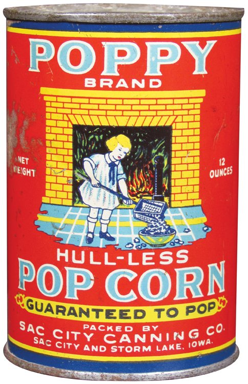 Poppy Brand Pop Corn 12 oz. Tin: Poppy Brand Pop Corn 12 oz. Tin, full. Rust spot left center otherwise good condition.