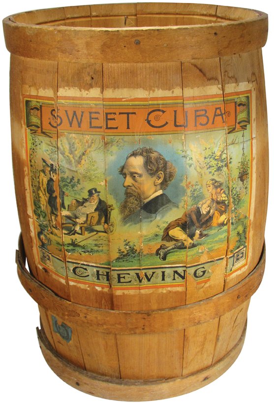 Sweet Cuba Tobacco Wood Store Barrel: Sweet Cuba Tobacco Wood Store Barrel with paper label. Beautiful color and graphics. Label separated with paint loss otherwise fair condition. 14 inch diameter X 20 1/2 inches tall.