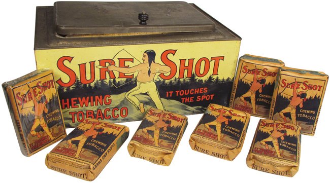 Sure Shot Tobacco Tin and Packs: Sure Shot Chewing Tobacco Store Bin and 7 Sure Shot Tobacco Packs. Couple creases and dent in back corner edge otherwise good condition. 15 1/4 X 7 X 10 1/2 inches.