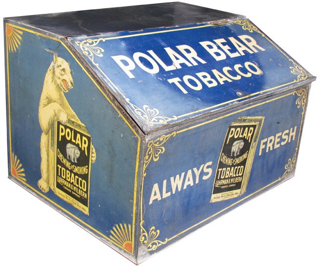 Polar Bear Tobacco Tin Store Bin: Polar Bear Tobacco Tin Store Bin. Some fading and dents otherwise fair to good condition. 18 X 12 1/2 X 14 inches.