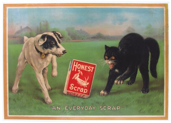 Honest Scrap Tobacco Cardboard Sign: Honest Scrap Tobacco Cardboard Sign. Repaired tears, scratches, scuffs. Fair condition. 32 X 22 1/4 inches overall.