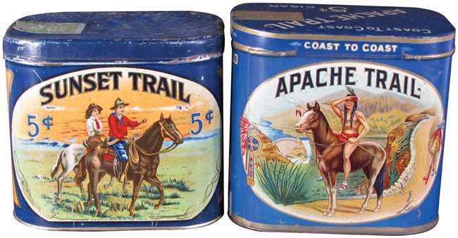 Apache and Sunset Trail 50 Count Tobacco Tins: Apache and Sunset Trail 50 Count Tobacco Tins. Sunset Trail has rub across front otherwise overall very good condition.