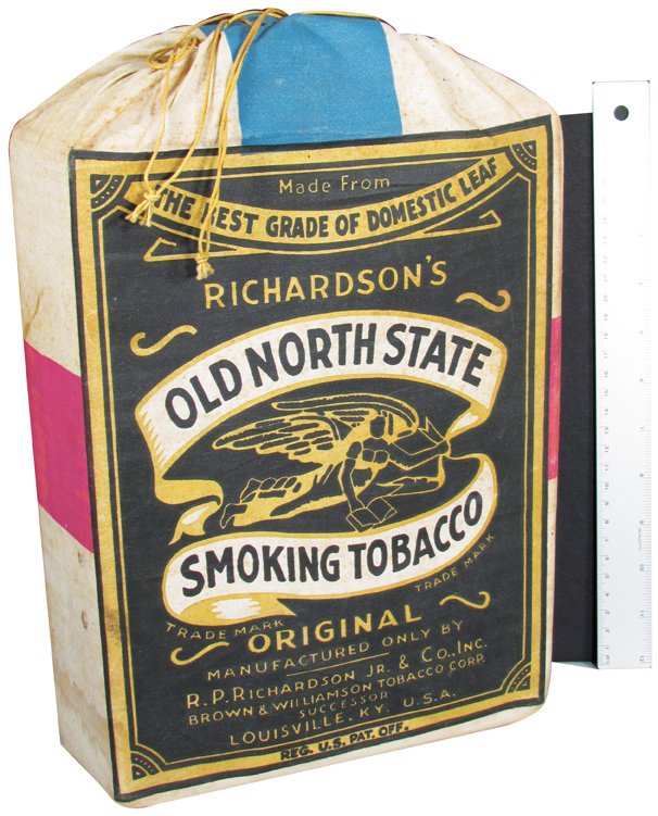 Old North State Tobacco Store Display Pouch: Richardson's Old North State Smoking Tobacco Large Display Pouch. Minor staining on one side otherwise very good condition. 9 X 14 X 3 inches.