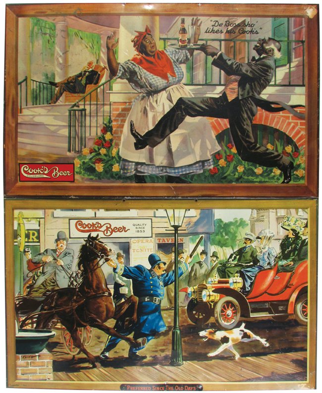 Two Cook's Goldblume Beer Self Framed Tin Sign: Two Cook's Goldblume Beer Self Framed Tin Chain Hanging Sign. Black Americana and "Preferred Since The Old Days" images. F.W. Cook Co. Evansville, Ind. Scratches, rubs and minor paint loss. 21 X 13 in