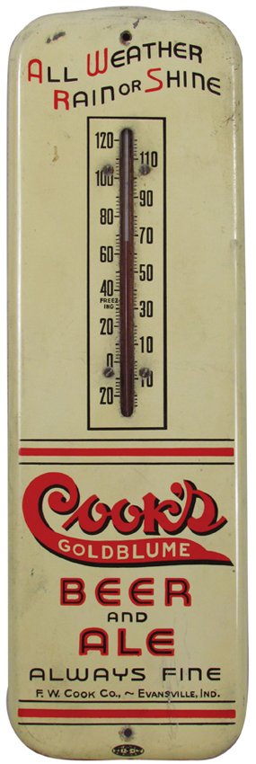 Cook's Goldblume Beer and Ale Tin Thermometer: Cook's Goldblume Beer and Ale Tin Thermometer. A few surface scratches otherwise good working condition. 3 7/8 X 12 inches.