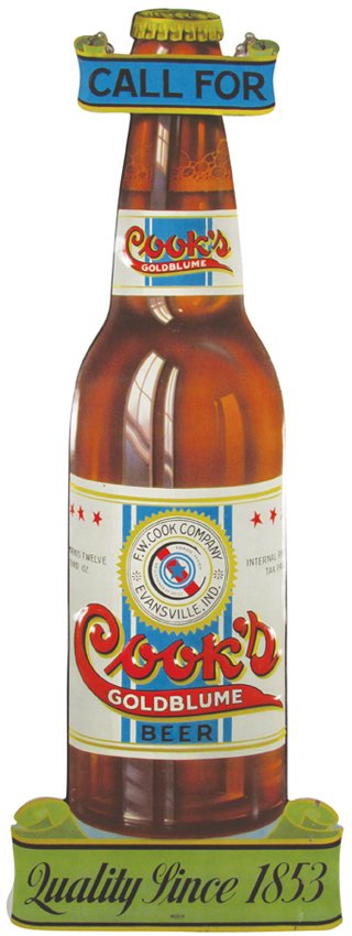 Cook's Goldblume Beer Embossed Die Cut Tin Sign: Cook's Goldblume Beer Embossed Die Cut Tin Chain Hanging Sign. Bottle image. Excellent condition. 7 X 19 7/8 inches.