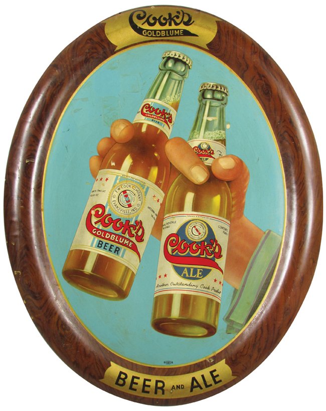 Cook's Goldblume Beer Self Framed Tin Sign: Cook's Goldblume Beer Self Framed Tin Chain Hanging Sign. Perimeter scratches and tape residue at 11:00 otherwise good condition. 13 3/4 X 17 1/4 inches.