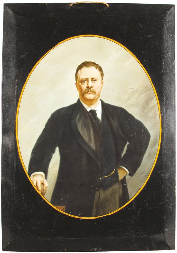 Tin Over Cardboard Theo. Roosevelt Portrait: Tin over cardboard beveled edge portrait of Theodore Roosevelt copyright 1903 by Collier's Weekly. The Meek Company Coshocton, Ohio. Normal crazing, light scratches, otherwise good condition. 13 1/4 X