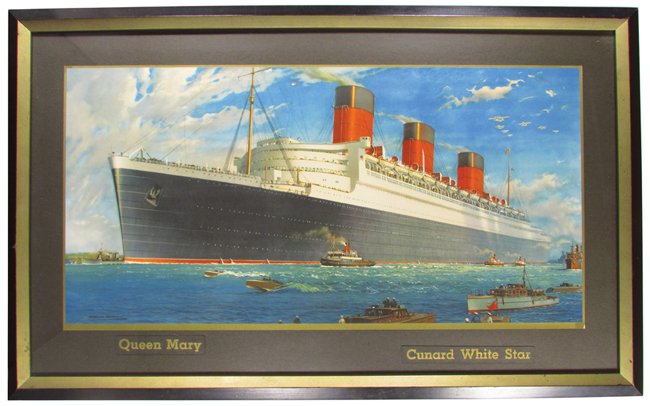 Cunard White Star Line Print of Queen Mary: Cunard White Star Line Print of Queen Mary by artist William Mc Dowell. Framed under glass. Excellent condition. 34 X 21 inches overall.